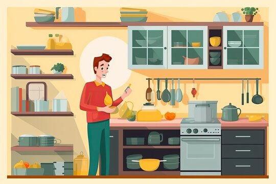 Illustration of a happy young man preparing a healthy meal in a modern kitchen.