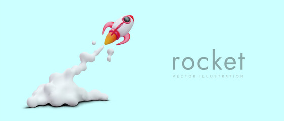 Space rocket flight. Start of new business, startup. Launch of pilot project. Toy 3D rocket emits fire and white cloud of smoke. Color concept for web design © ArtHub02