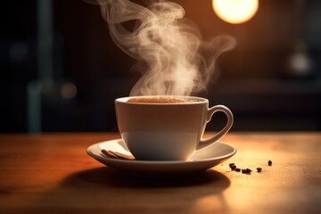 A cup of coffee with steam coming out of it, created by Generative AI