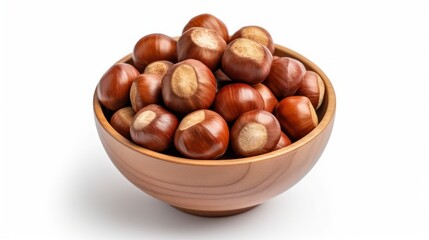 Chestnuts in a wooden bowl on a white background, created by Generative AI