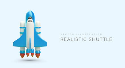 Vertical launch of realistic shuttle. Spacecraft with rocket engines. Symbol of start, new program. Creative agency. Template on blue background, place for text