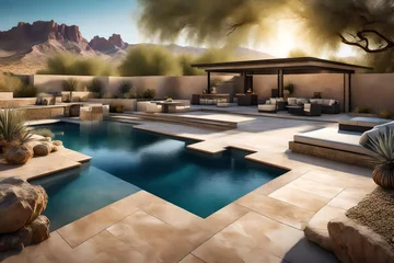 Deurstickers A backyard in Arizona with a pool deck made of travertine tiles, complementing the desert scenery © Arqumaulakh50