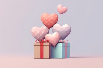 3D Illustration of heart-shaped balloons and gift boxes in pastel colors, simple background