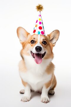 Dog Corgi with birthday party hat on isolated white background