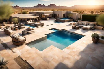 A backyard in Arizona with a pool deck made of travertine tiles, complementing the desert scenery