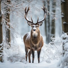 Naklejka na ściany i meble Red deer stag in winter forest. Generative ai