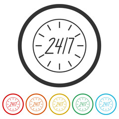  24 hour assistance icon. Set icons in color circle buttons