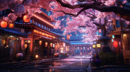 Street of shrines with rows of cherry trees. Generative AI.