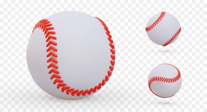 Realistic baseball in different positions. Set of vector isolated images. White leather ball with red stitching. Icons for sports application, site, game