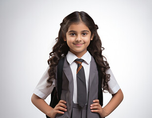 Cute little Indian schoolgirl in uniform looking at camera with backpack while standing - Powered by Adobe