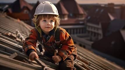 A little boy as a roofer wearing a hard hat is on the roof of a building.