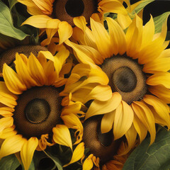 Beautiful sunflower bouquet as a background, top view.
