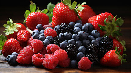 Obraz premium A collection of strawberries, raspberries, blackberries, and blueberries on a wooden table.