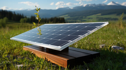 A solar panel with sleek design is mounted on a wooden platform.