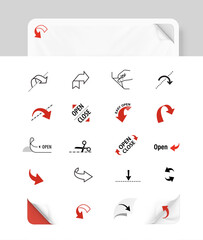 Package arrows icons set. Vector illustration isolated on white background. Set for packages, shows opening, closing, tearing and cutting off. EPS10.