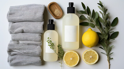 A skincare cleansing products on a white background with towels, lemons and herbs.