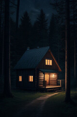 Night in the woods. Wooden cottage in the forest at night.