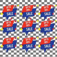 Red round glossy sale tags with different discount sets. 10, 15, 20, 30, 40, 50, 60, 70, and 75 percent. Vector illustration of a badge sticker label. Isolated on a yellow background