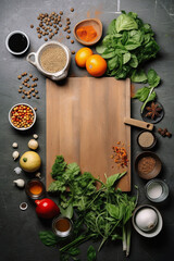 Obraz na płótnie Canvas Cooking pot and various organic ingredients, top view, Generative AI