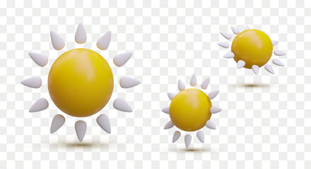 3D sun in cartoon style. Vector yellow dwarf. View from different sides. Object with reflections and shadows. Isolated illustrations. Set of color icons for web design