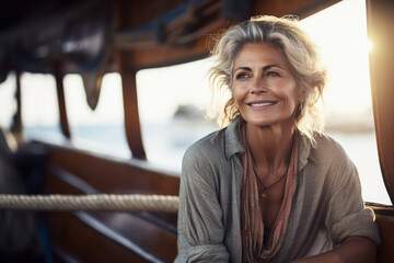 Fototapeta na wymiar Senior woman on the deck of a boat smiling at the camera while on holidays