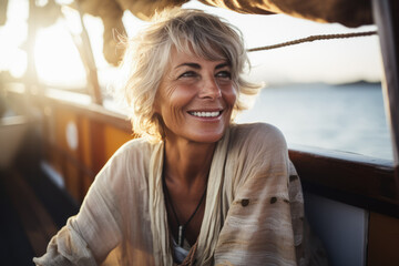 Senior woman on the deck of a boat smiling at the camera while on holidays