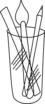 Glass with paintbrash ruller and pencil. School Knowledge And Eduction concept. Line