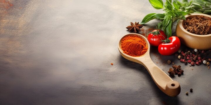 Wooden spoon and ingredients on old background, Generative AI