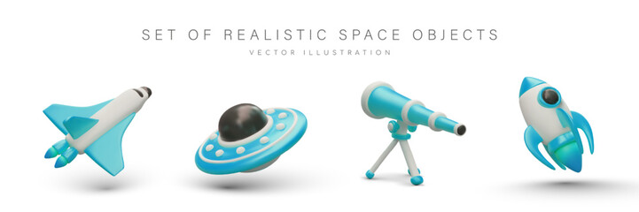 Set of realistic space objects. Blue shuttle, flying saucer, telescope on tripod, rocket. Color space vehicles. Isolated images in cartoon style for web design - obrazy, fototapety, plakaty