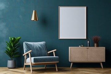 Poster mockup with vertical frames on empty dark green wall in living room interior with blue velvet armchair, Generative AI