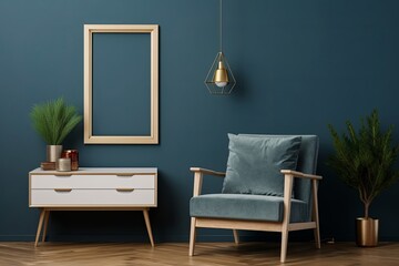 Poster mockup with vertical frames on empty dark green wall in living room interior with blue velvet armchair, Generative AI