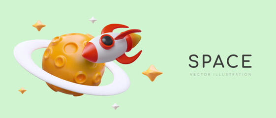 3D rocket flies around planet with asteroid belt. Journey in space. Cute illustration in cartoon style. Color concept with text. Template for web design
