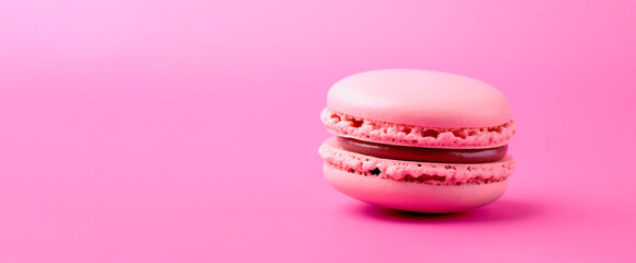 Pink French macaroon in center on pink. Banner