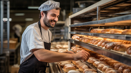 Worker testing quality of bakery production line with bread in bakery in parmesan food factory