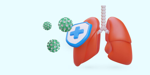 Protecting lungs from virus. Reliable vaccination. 3D illustration in cartoon style, text. Color poster for clinic. Advertising of vaccines and medicines. Epidemic prevention