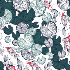 Vector seamless pattern with water lilies lotus leaves and Japanese carps, koi fishes.