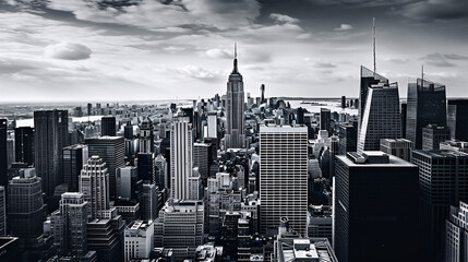 The iconic New York skyline, skyscrapers piercing the sky, the hustle and bustle of the streets below, and the spirit of the city alive.
