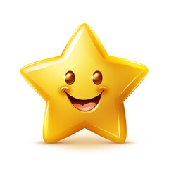 gelber goldener fröhlicher lachender Stern mit Gesicht (Augen und Mund) auf weißem Hintergrund. Generative Ai.