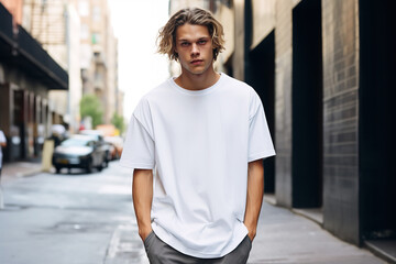 blonde man wearing an oversized blank white crew neck tshirt.