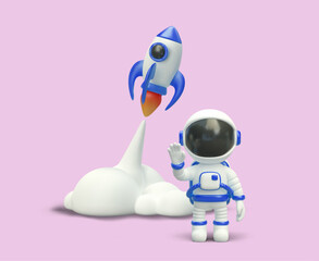 Astronaut waves goodbye during launch of space rocket. Expedition into space. Color concept in cartoon style. Start of new project, business. Beginning of new stage © ArtHub02