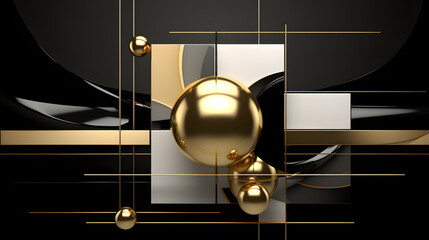 Abstract 3d rendering of geometric shapes in black and gold colors.