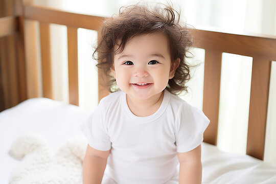 smiling Asian baby curly hair wearing blank short sleeve onesie while in crib