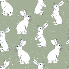 Cute Rabbit seamless pattern background. Vector flat cute polka dots template, simple minimal illustration. Sage green
