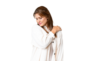 Middle age woman over isolated background suffering from pain in shoulder for having made an effort