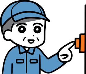 ボタンを押している作業服のシニア男性(上半身)