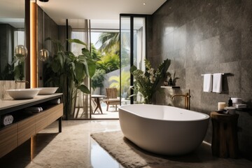 bathroom in luxury home  photo of a modern creative interior in dark colors of a  in a hotel