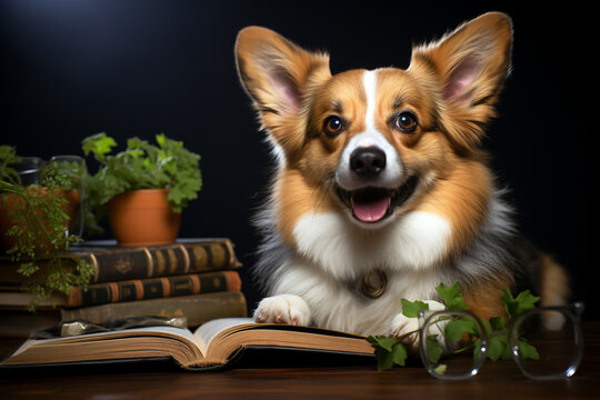 Cute dog with books and glasses on wooden table in library