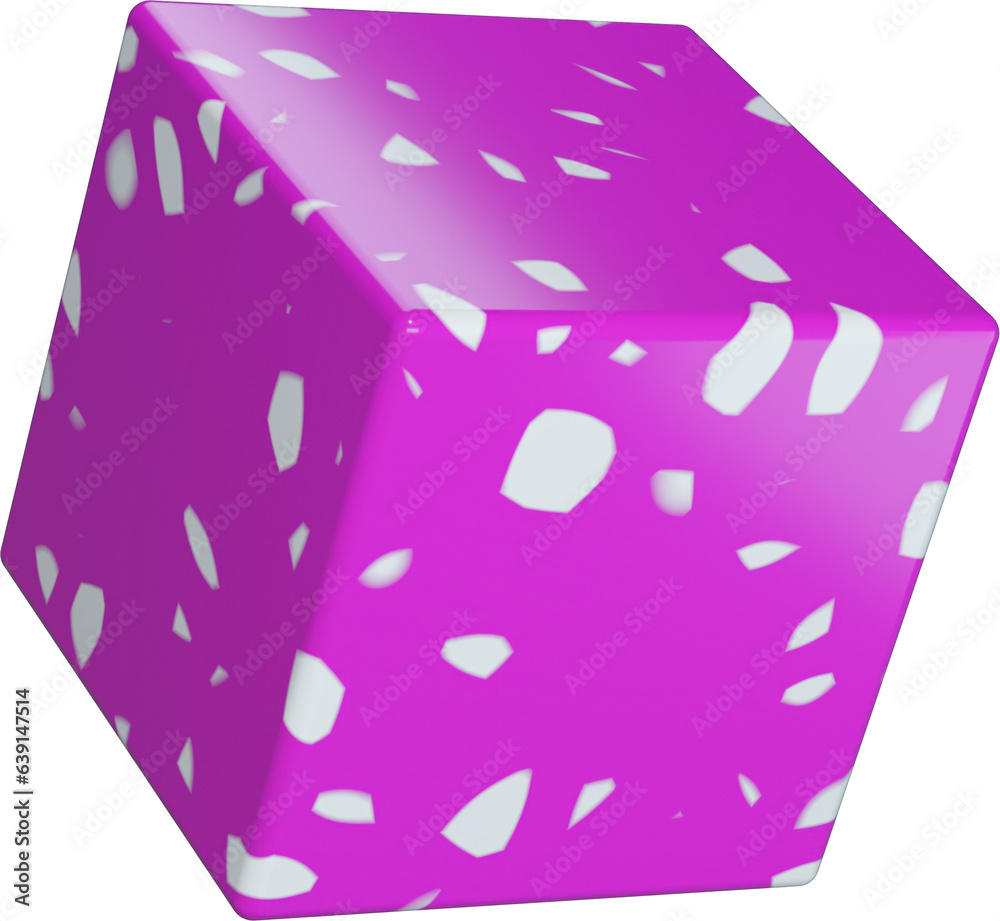 Poster 3d abstract pink terrazzo cube in a playful style with a transparent background. geometric shape.