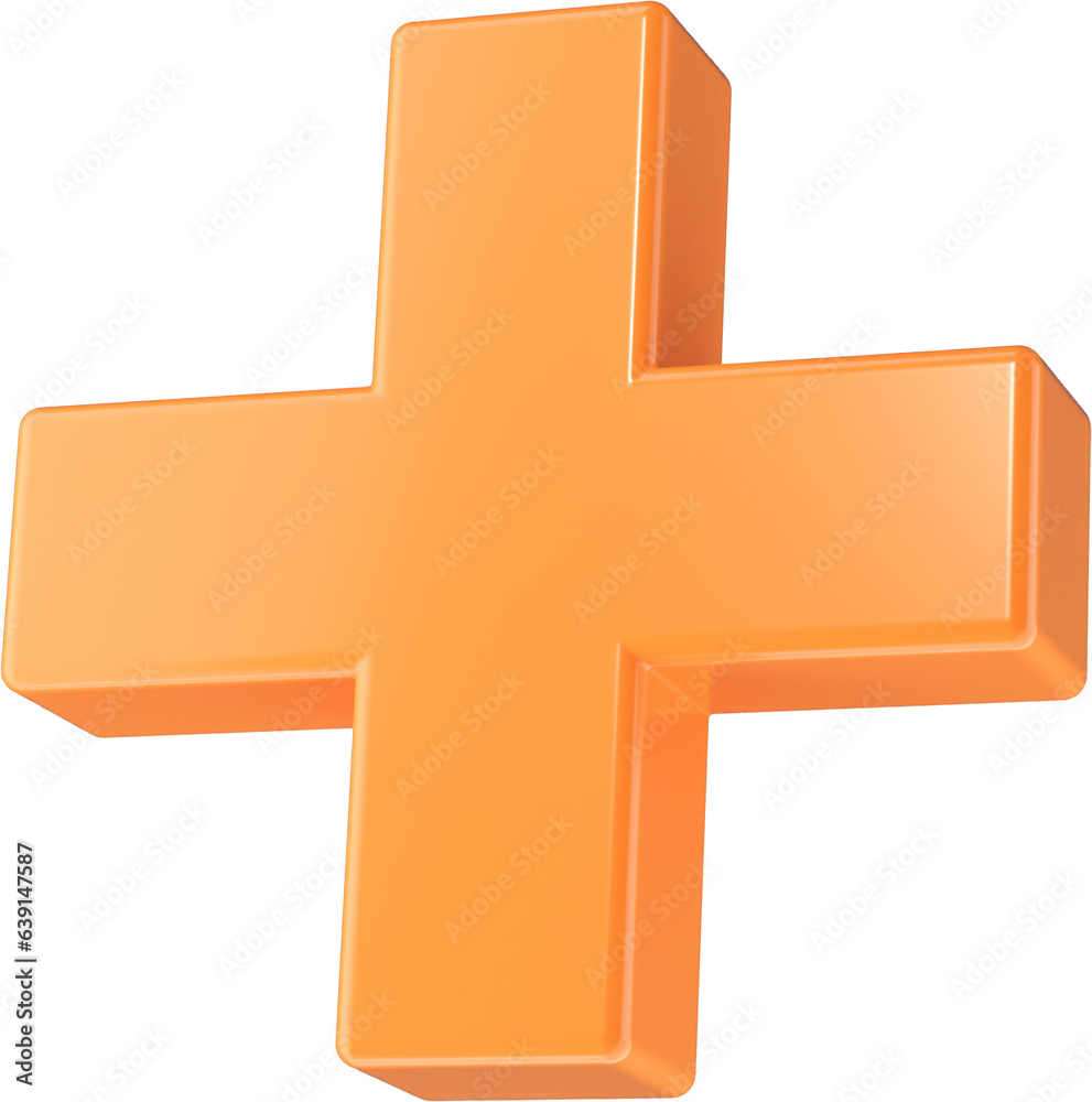 Wall mural 3d abstract orange plastic plus in a playful style with a transparent background. geometric shape.