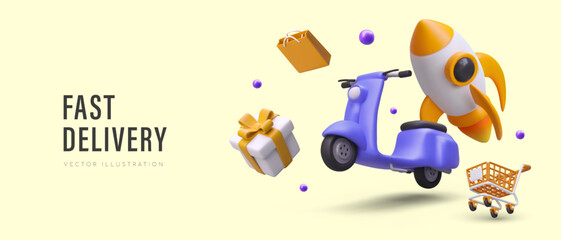 Express delivery. Fast transportation of orders, goods. Store courier service. Vector banner in yellow and purple colors. 3D scooter rushes with speed of rocket